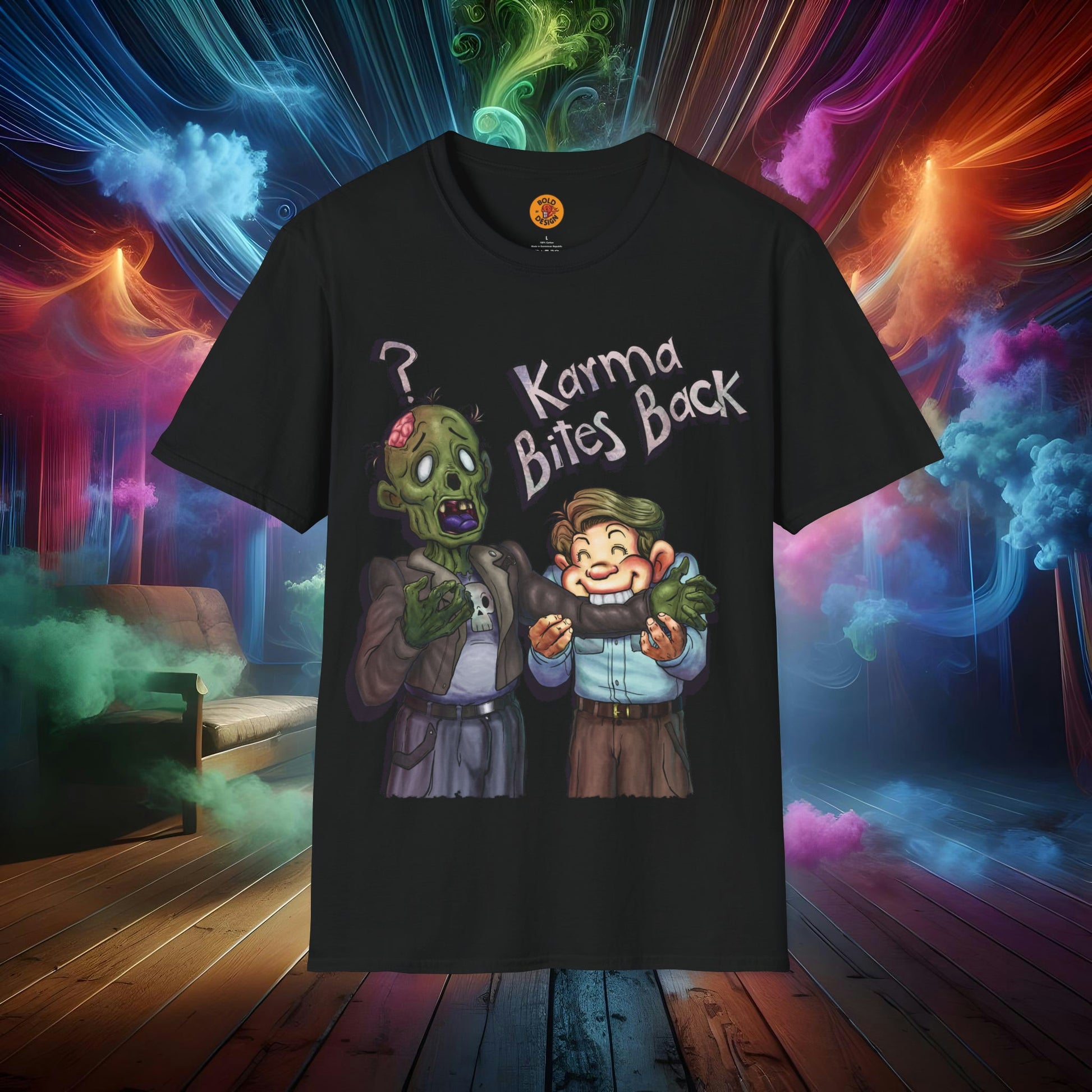 Karma Chomp Boy Bites Zombie Humor T-Shirt-Bold By Design 