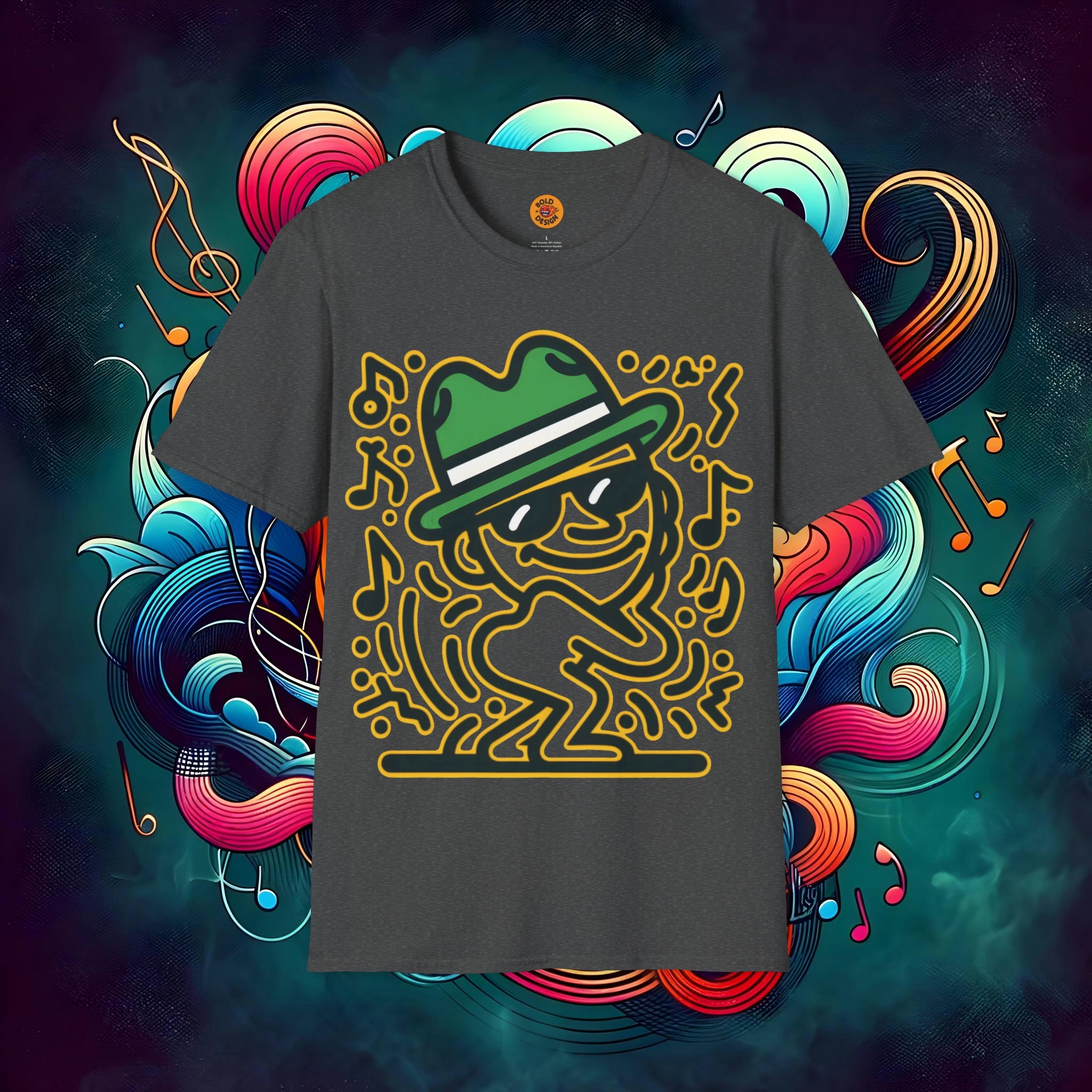 Jazzy Beats Fedora Dude" Neon Glow T-Shirt-Bold By Design 