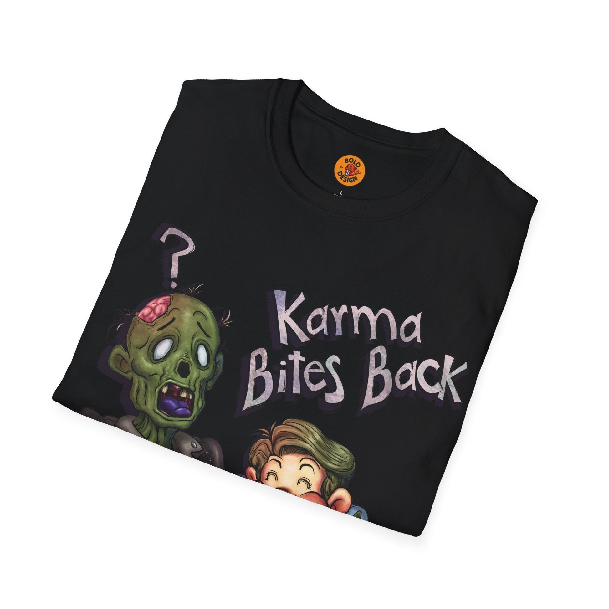 Karma Chomp Boy Bites Zombie Humor T-Shirt-Bold By Design 