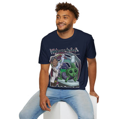 Welcome To Earth | Alien Humor Tee man wearing dark blue t shirt