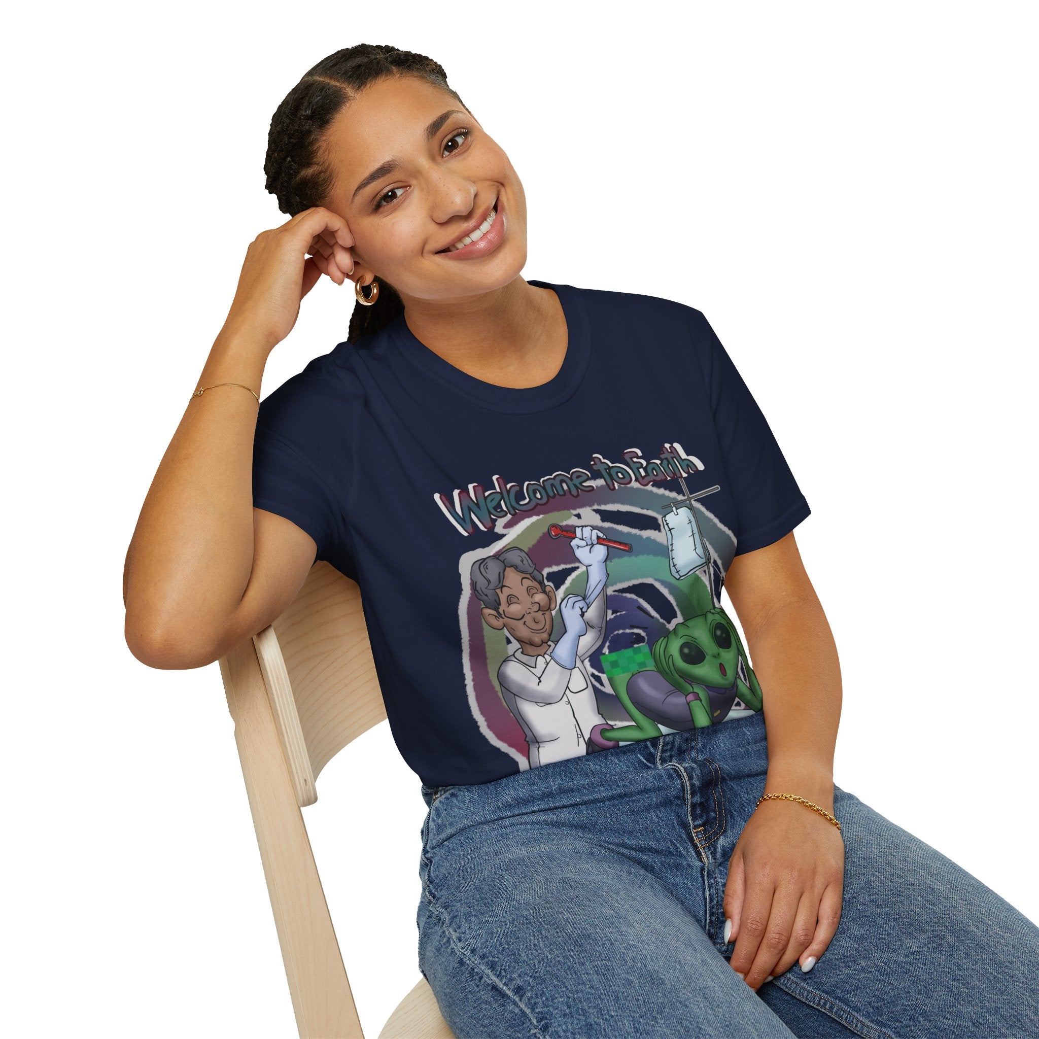 Welcome To Earth | Alien Humor Tee girl wearing dark blue