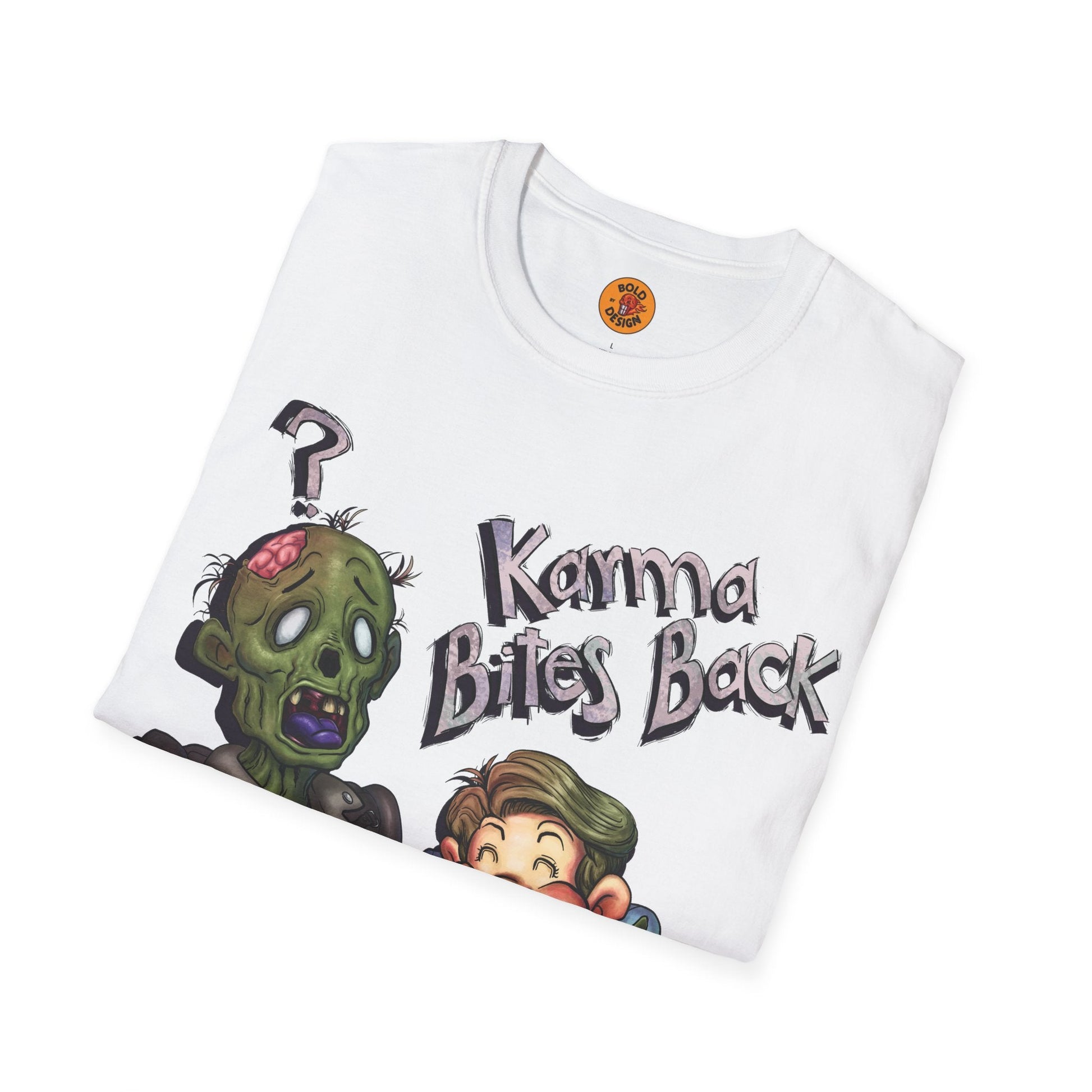 Karma Chomp Boy Bites Zombie Humor T-Shirt-Bold By Design 