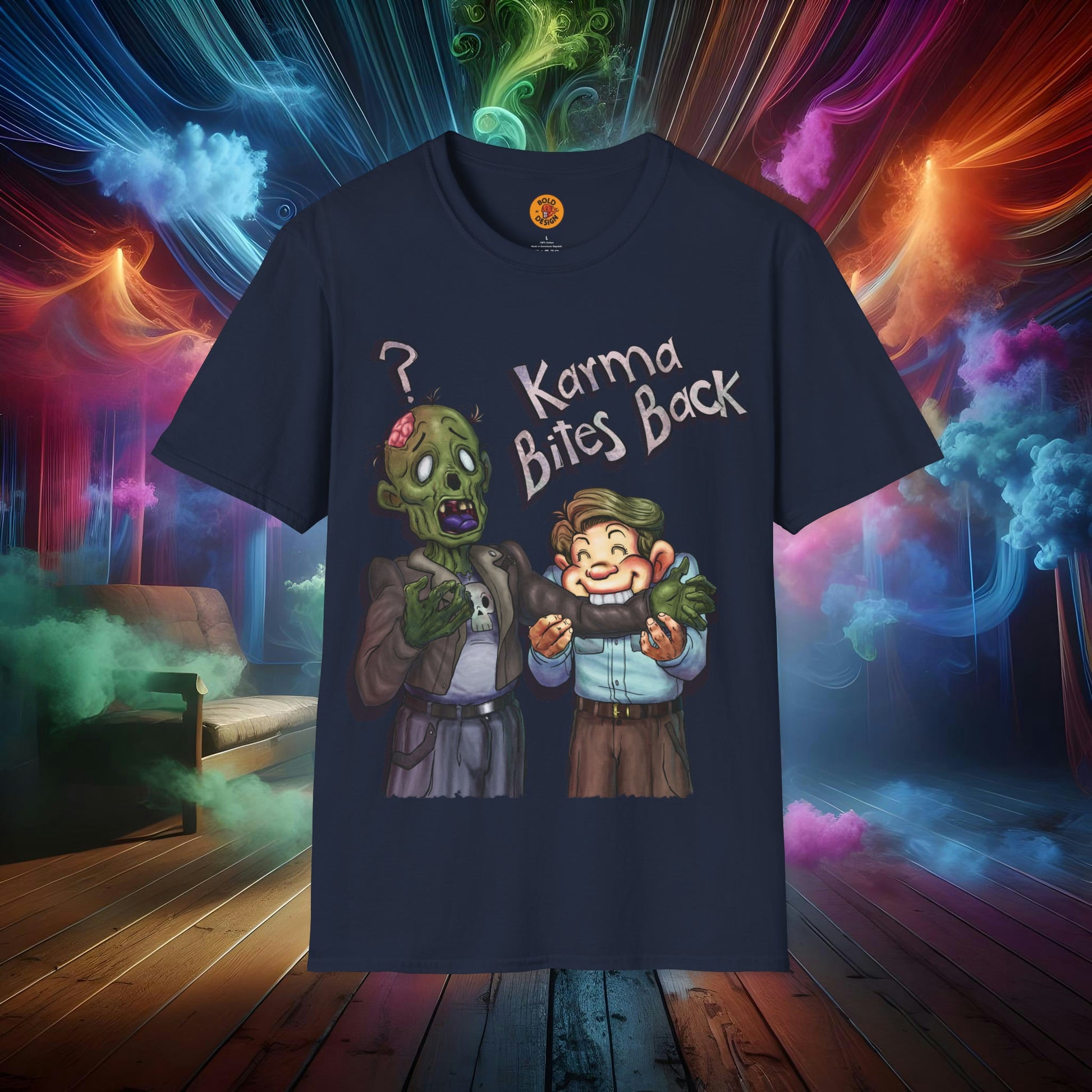 Karma Chomp Boy Bites Zombie Humor T-Shirt-Bold By Design 