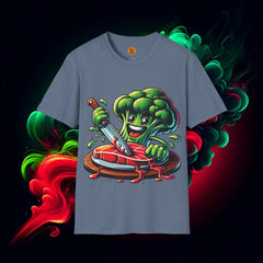 Vibrant Broccoli Steak Cartoon T-Shirt | Bold by Design