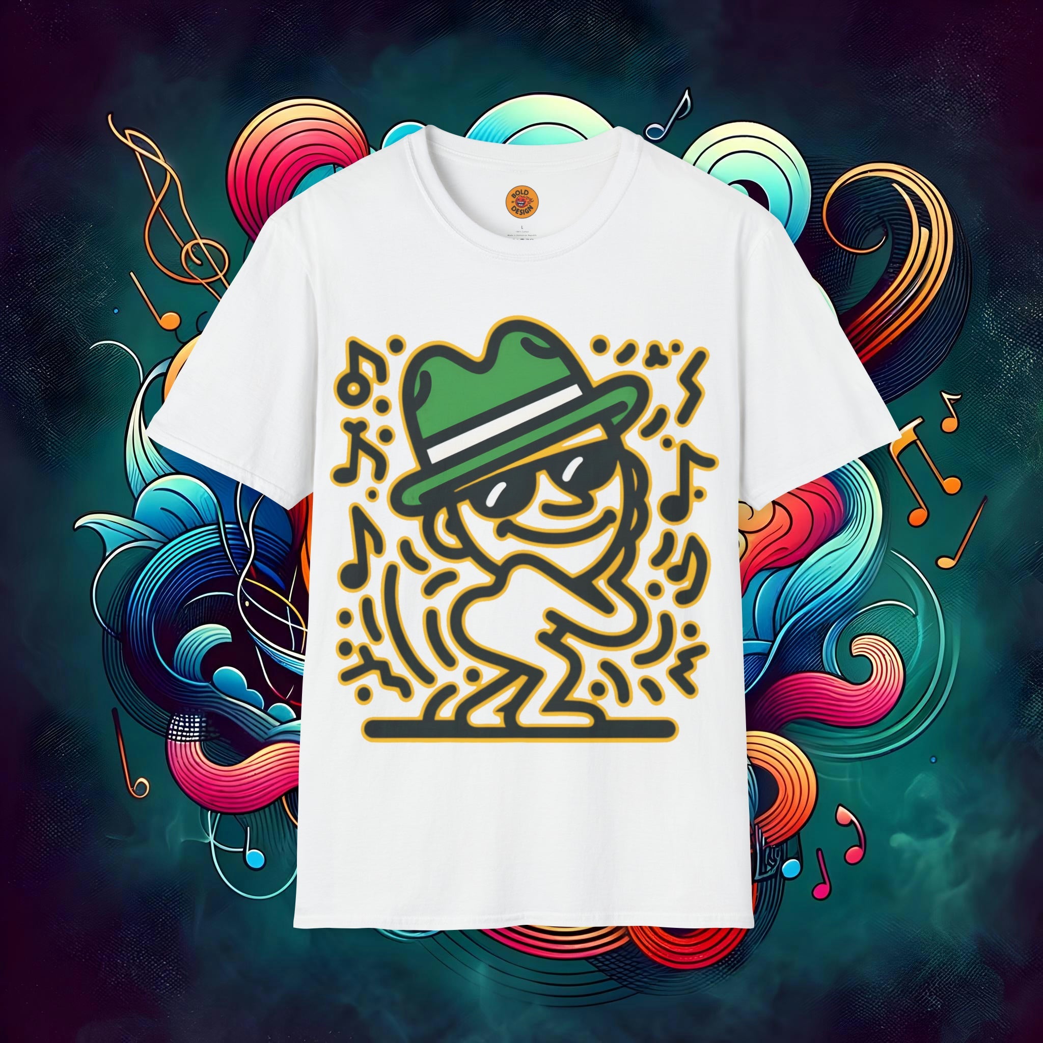 Jazzy Beats Fedora Dude" Neon Glow T-Shirt-Bold By Design 