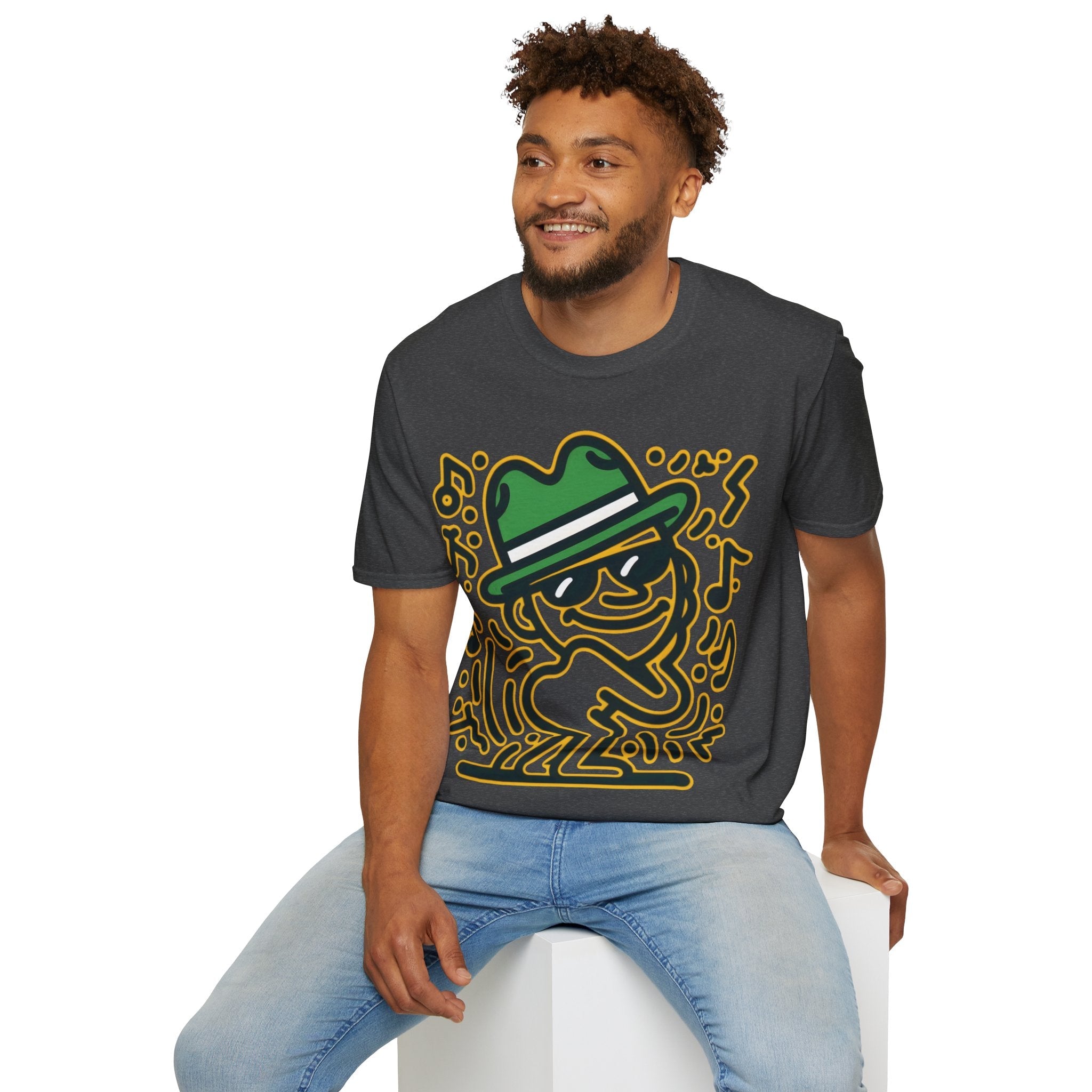 Jazzy Beats Fedora Dude" Neon Glow T-Shirt-Bold By Design 