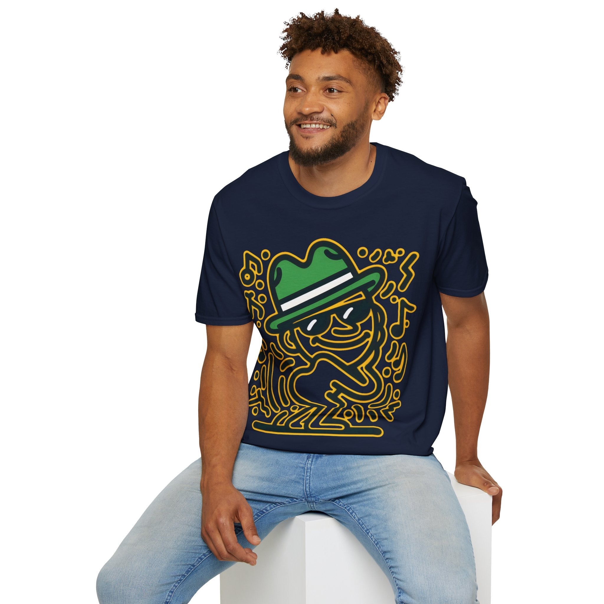 Jazzy Beats Fedora Dude" Neon Glow T-Shirt-Bold By Design 