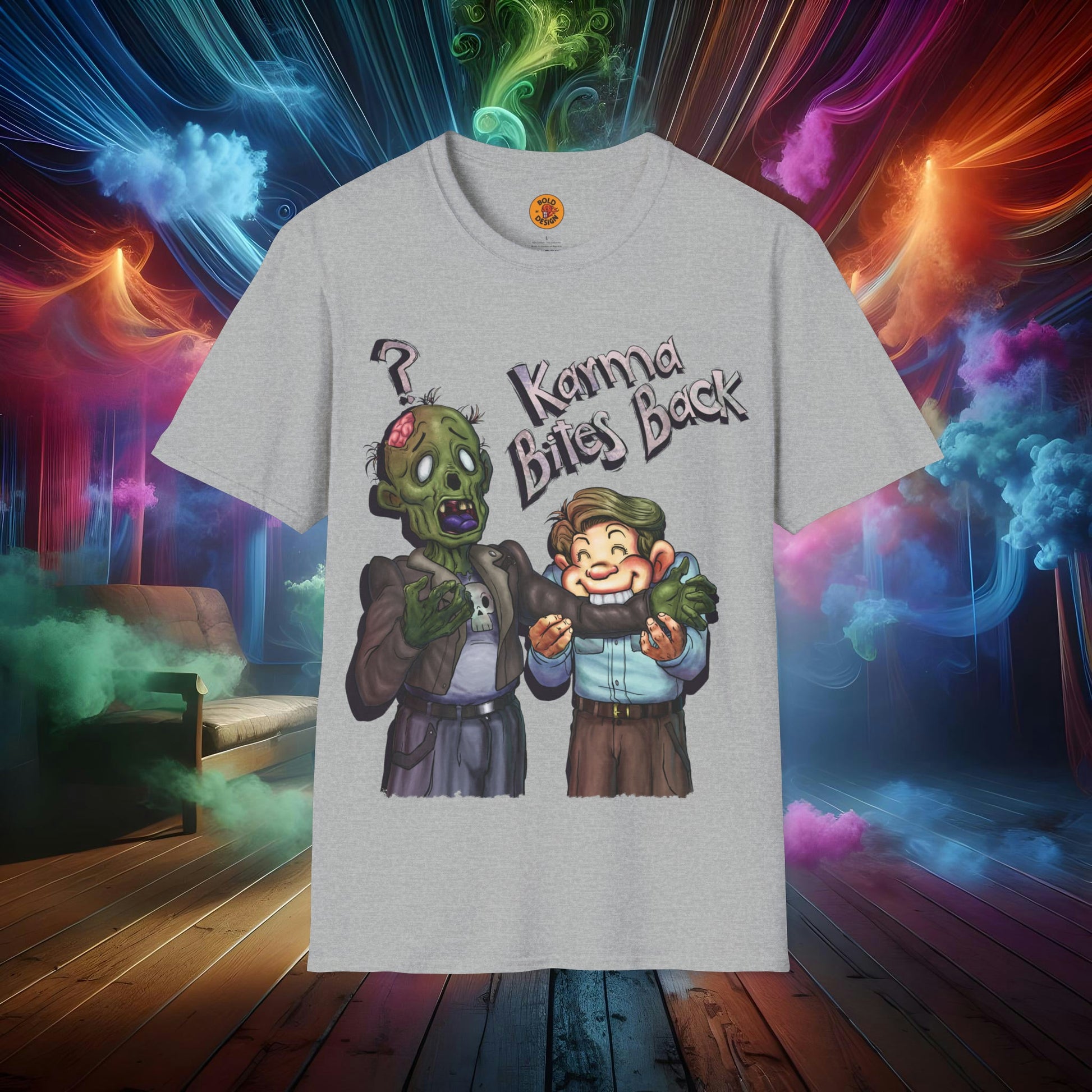 Karma Chomp Boy Bites Zombie Humor T-Shirt-Bold By Design 