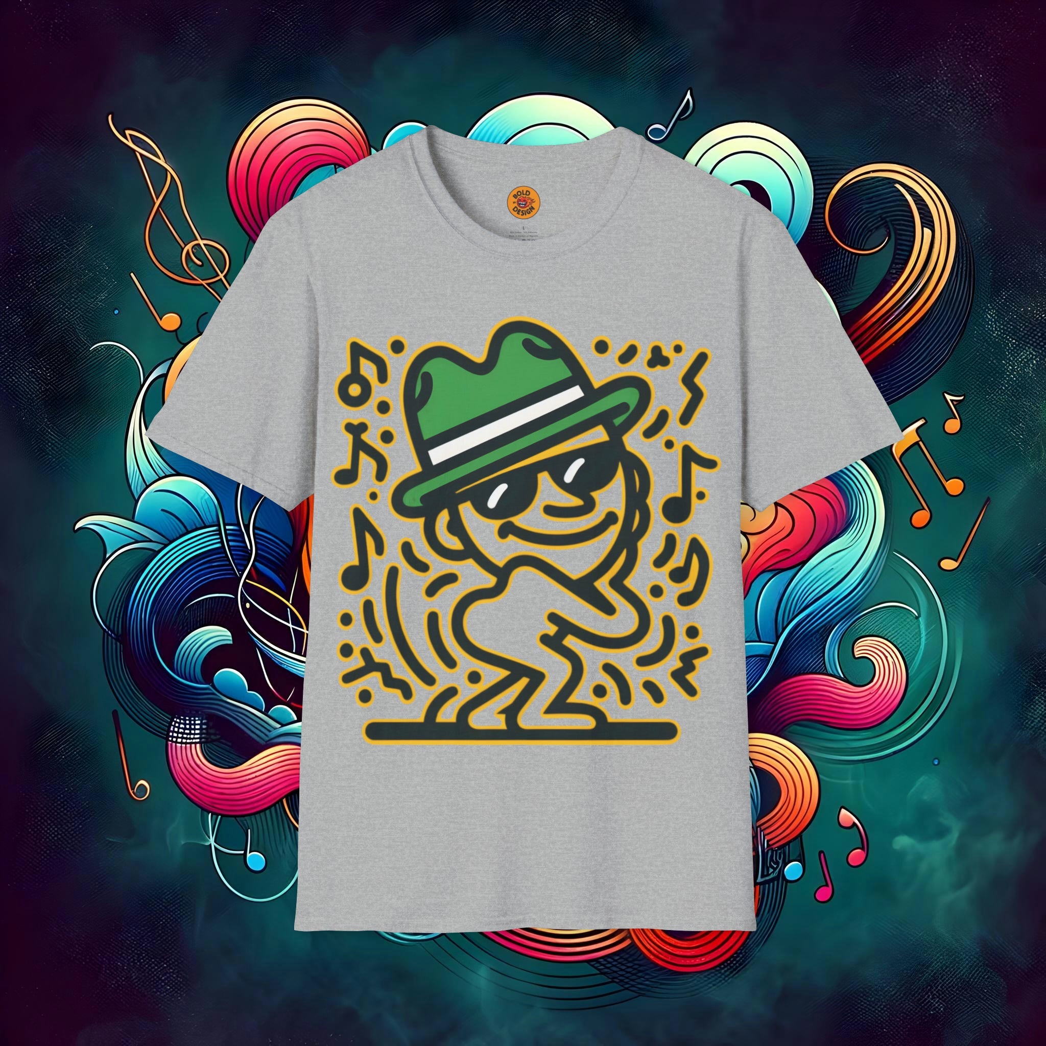 Jazzy Beats Fedora Dude" Neon Glow T-Shirt-Bold By Design 