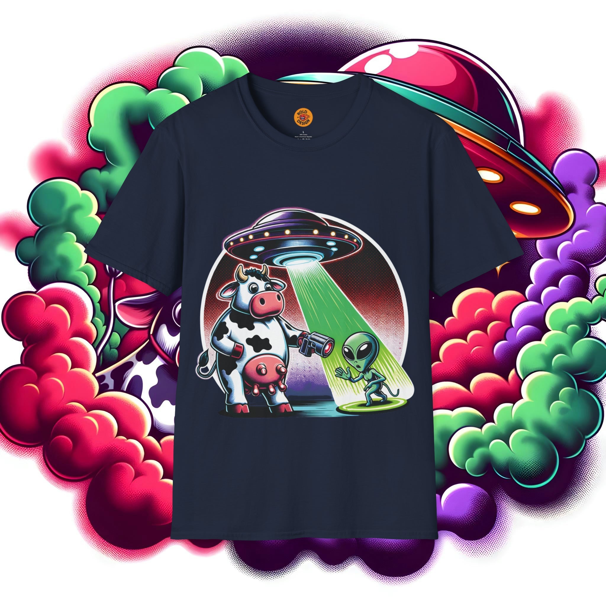 Quirky Alien vs Cow Encounter Tee-Bold By Design 
