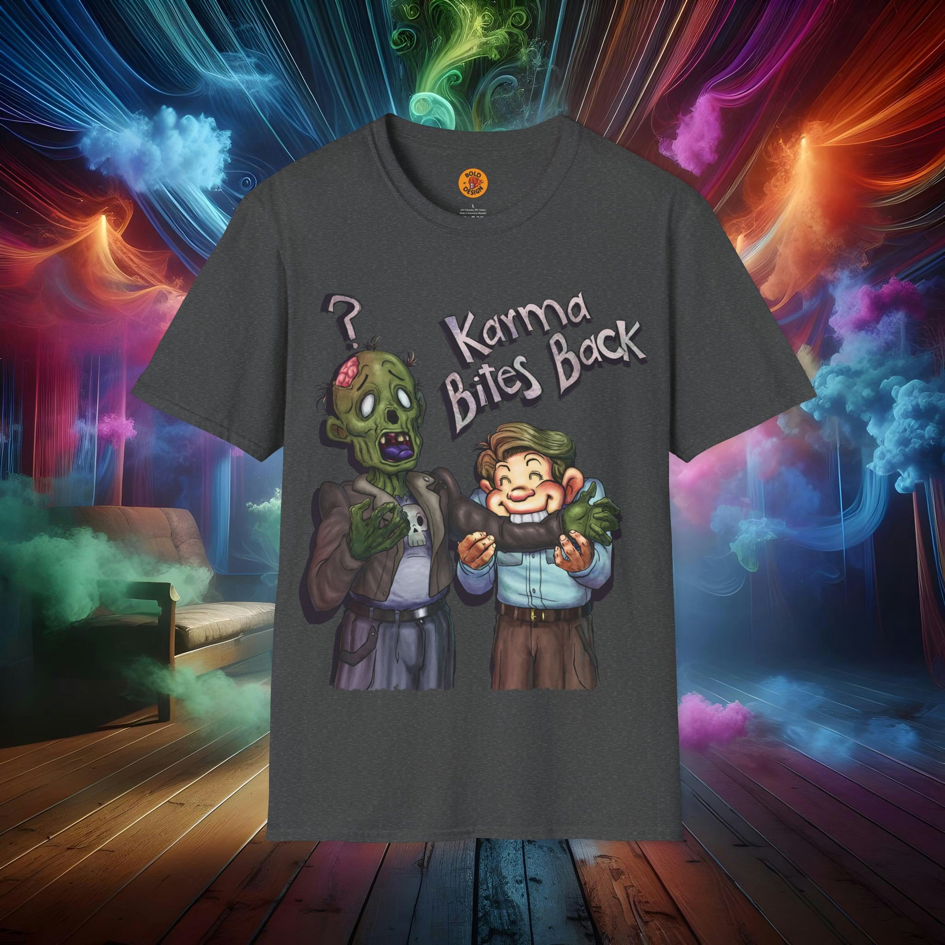 Karma Chomp Boy Bites Zombie Humor T-Shirt-Bold By Design 