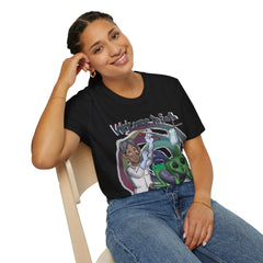 Welcome To Earth | Alien Humor Tee girl wearing black t shirt