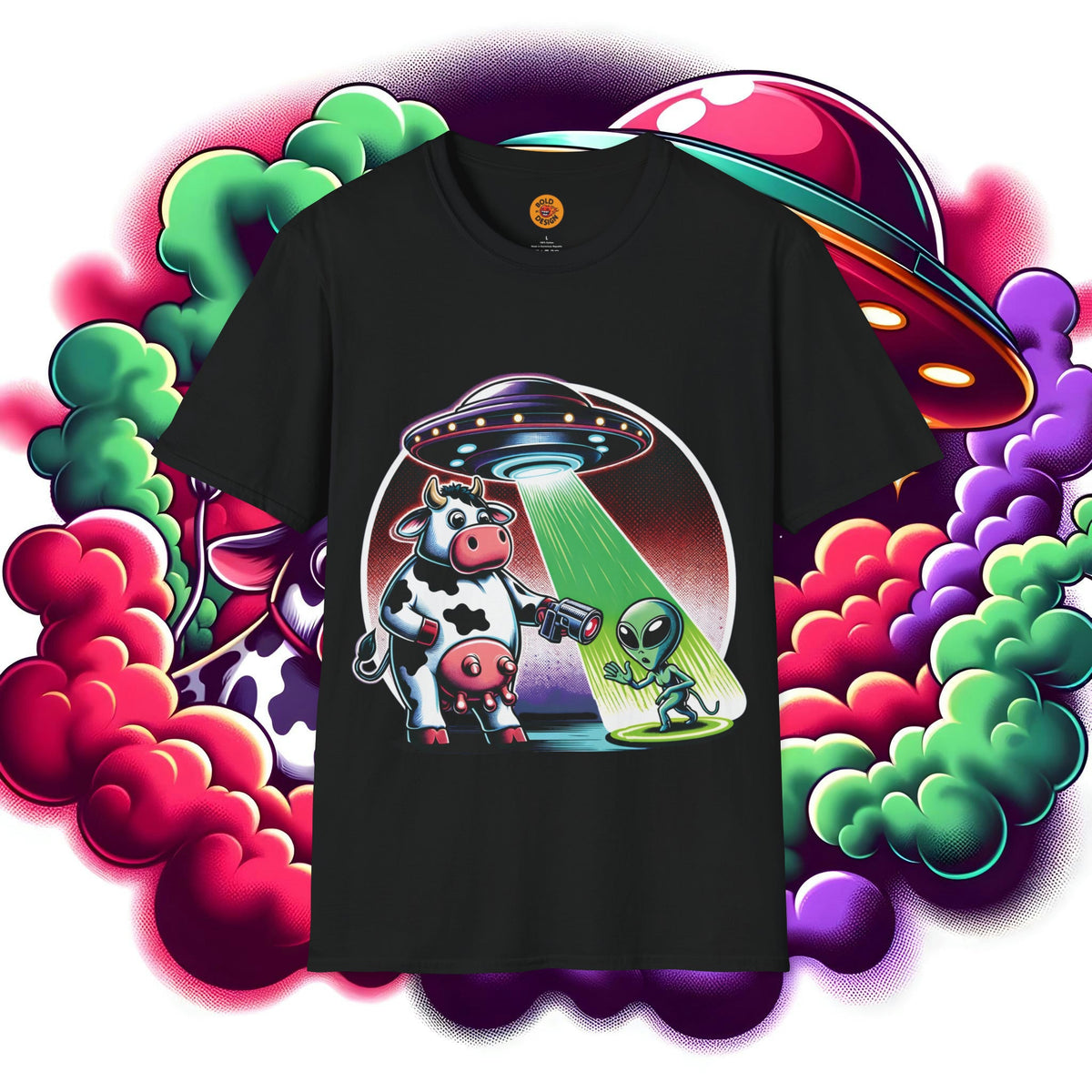 Quirky Alien vs Cow Encounter Tee-Bold By Design 