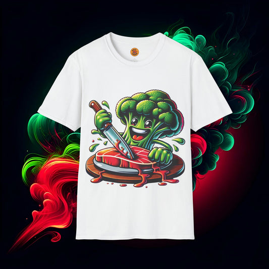 Vibrant Broccoli Steak Cartoon T-Shirt | Bold by Design