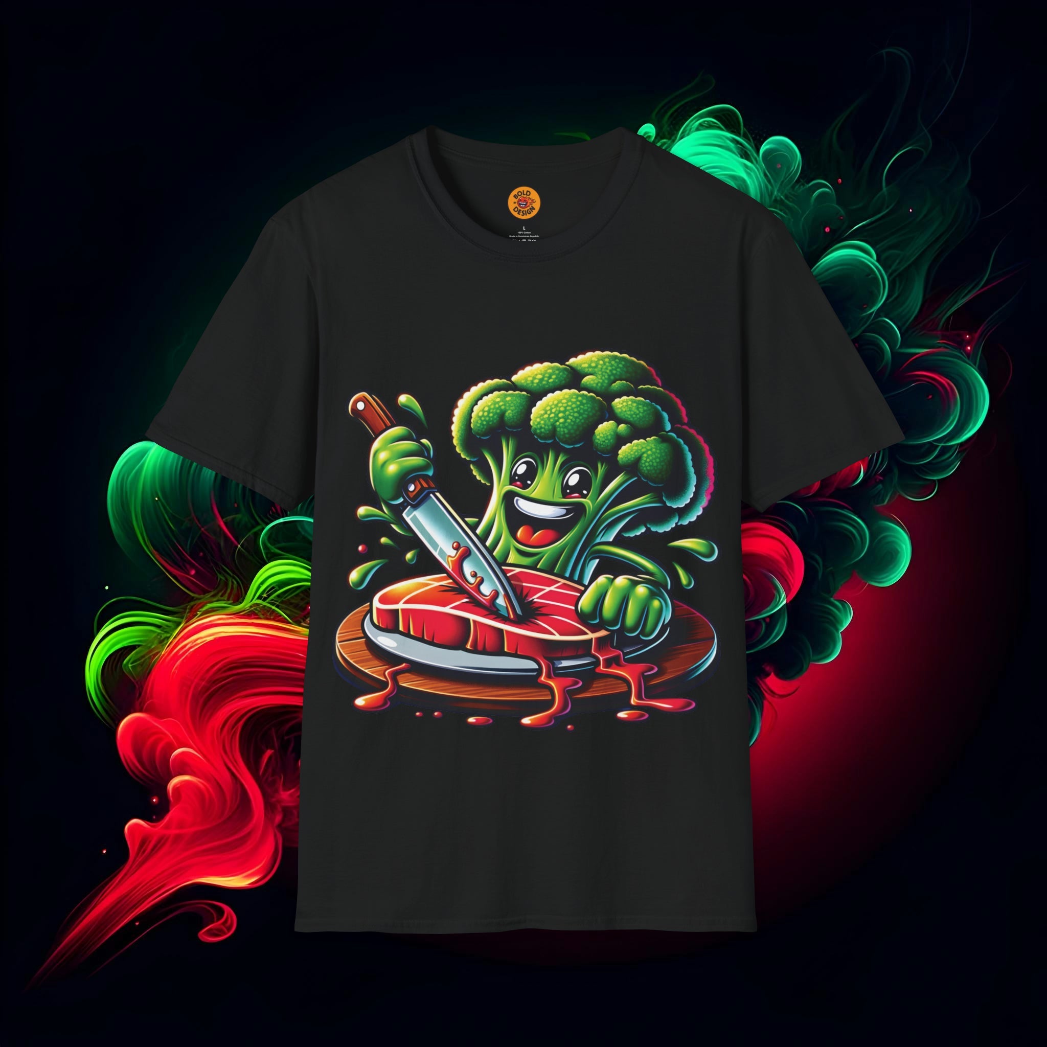 Vibrant Broccoli Steak Cartoon T-Shirt | Bold by Design