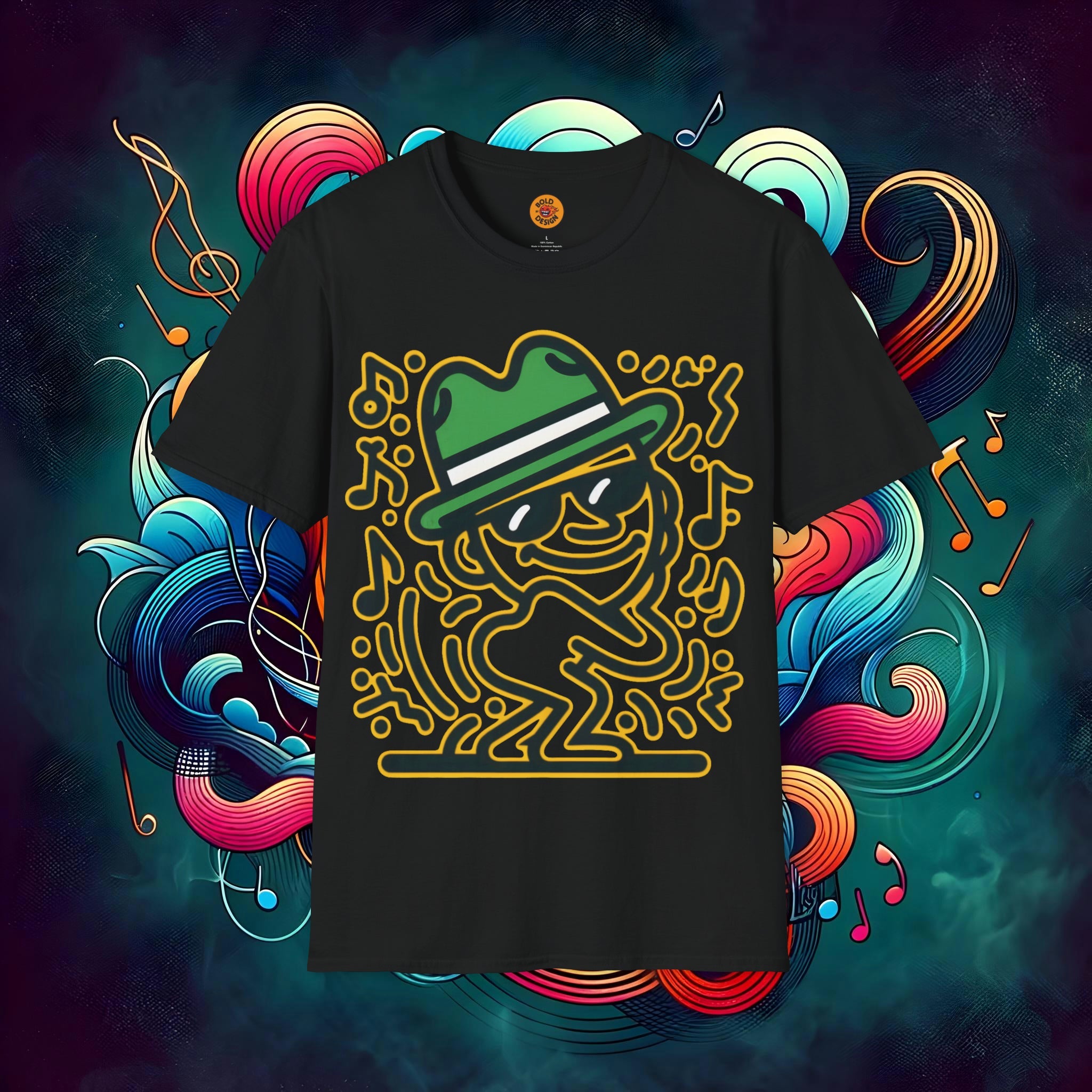 Jazzy Beats Fedora Dude" Neon Glow T-Shirt-Bold By Design 