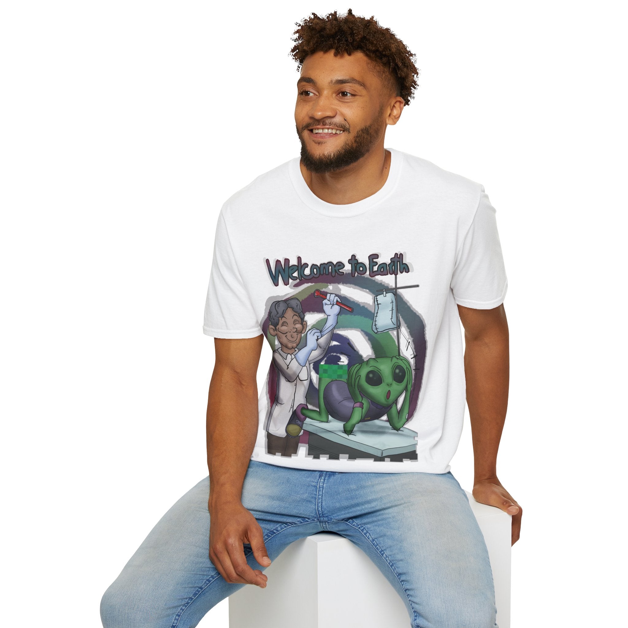 man wearing white alien funny t shirt