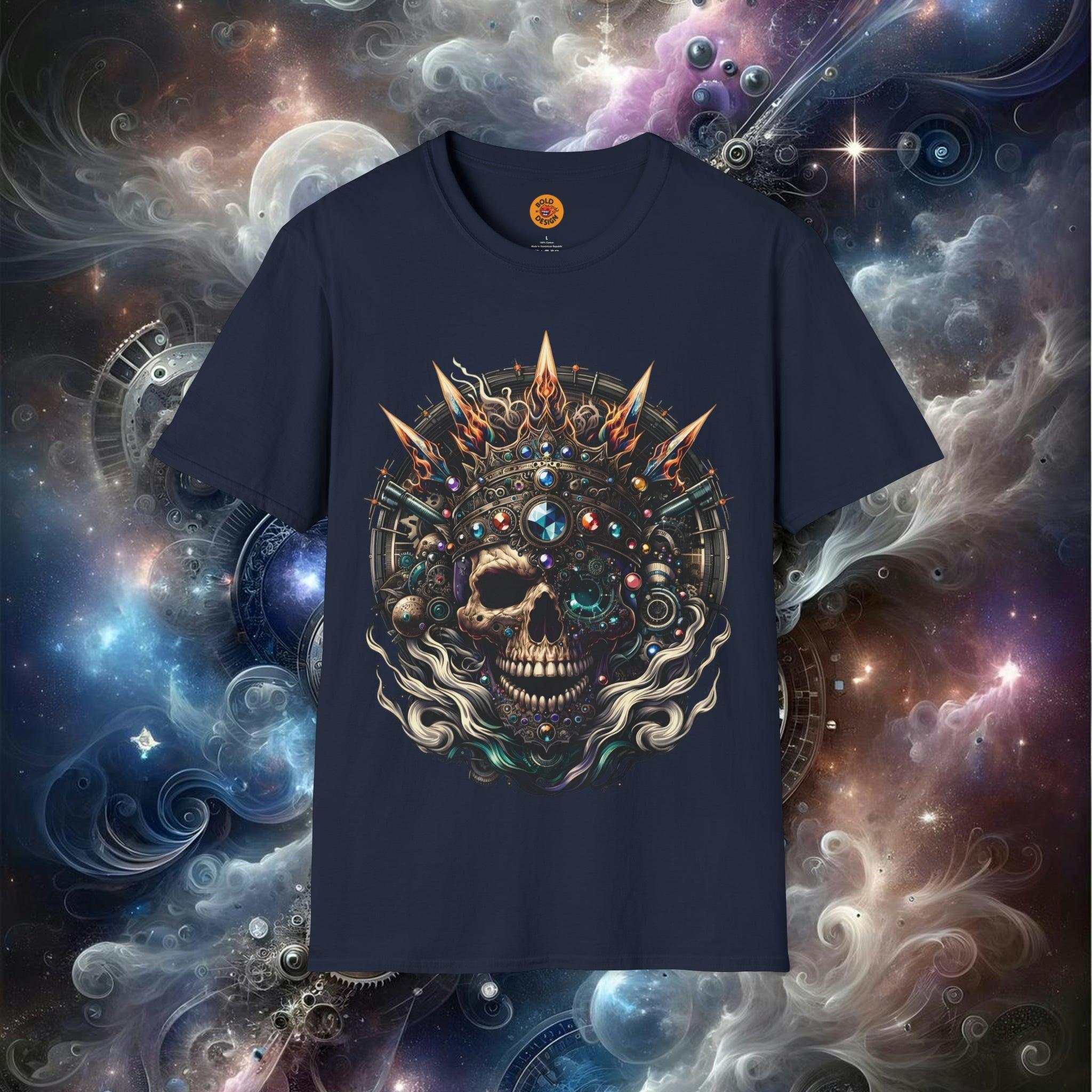 Cosmic Steampunk Skull Graphic navy blue tee for men